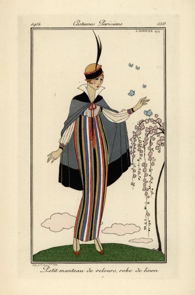 Vrouw in gestreepte linnen jurk met korte fluwelen jas door Georges Barbier