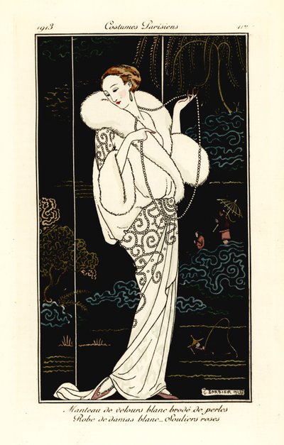 Vrouw in fluwelen cape, damasten jurk en roze pantoffels door Georges Barbier
