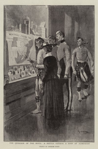 De Vraag van het Uur, een Schets buiten een Winkel in Aldershot door Georges Bertin Scott