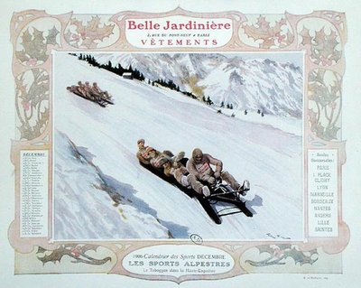 Sleeën, illustratie voor december uit een kalender voor de kledingwinkel 