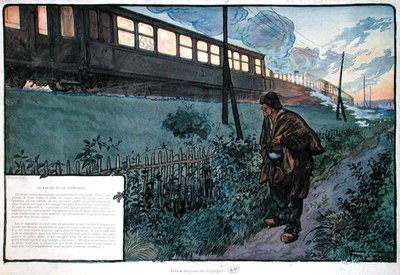 Twee reiswijzen, de sneltrein en de zwerver, begin 20e eeuw door Georges Bertin Scott