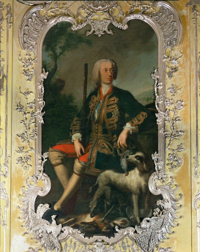 Portret van keurvorst Carl Albrecht in de gele slaapkamer van paleis Amalienburg op het Nymphenburgterrein ... door Georges Desmarées