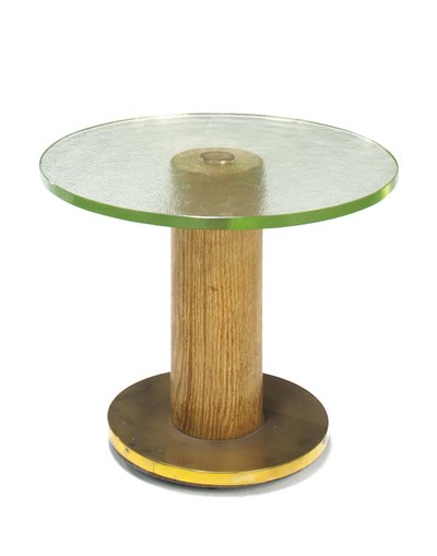 Een eiken, glazen en koperen bijzettafel, ca. 1930 door Georges Djo Bourgeois