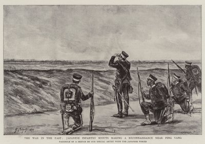 De oorlog in het oosten, Japanse infanteriescouts die een verkenning uitvoeren nabij Ping Yang door Georges Ferdinand Bigot