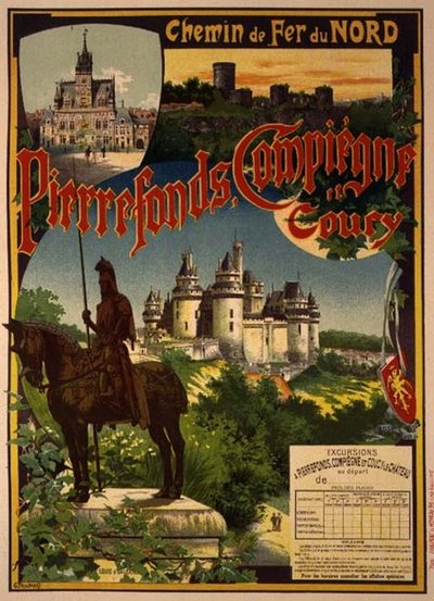 Reproductie van een poster die Noordelijke Spoorwegexcursies naar Pierrefonds, Compiegne en Coucy adverteert door Georges Fraipont