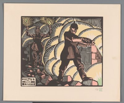 Soldaten steken gebouwen in brand door Georges Hermann Rene Paul