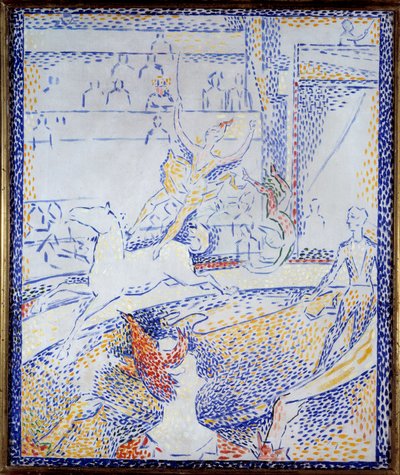 Circus. Een danseres doet een acrobatisch nummer te paard en een clown. Schets door Georges Seurat (1859-1891) 1891 door Georges Pierre Seurat
