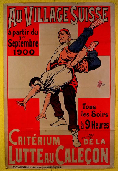Poster die worstelwedstrijden in het Zwitserse dorp adverteert, 1900 door Georges Redon