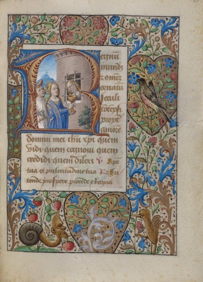 Beginletter R: Heilige Avia in de gevangenis ontvangt communie van de Maagd door Georges Trubert