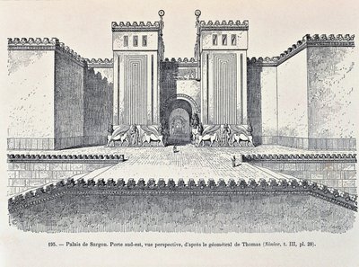 Reconstructie van de zuidoostelijke poort van het paleis van Sargon in Dur-Sharrukin door Georges and Chipiez Charles Perrot