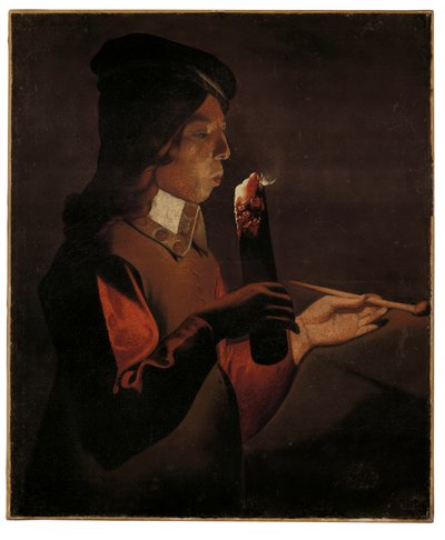Een jonge jongen met een pijp, blazend op een brandende tak door Georges de La Tour