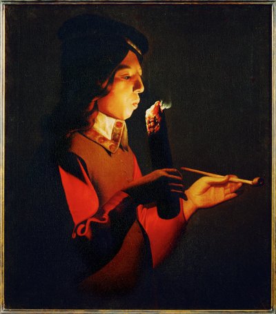 Jongen blaast op een vuurbrand (schilderij op doek) door Georges de la Tour
