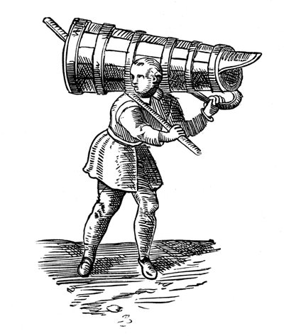 Een Leerling, die een houten vat zo groot als hijzelf draagt, op weg om water te halen, 1572 door Georgius Braun