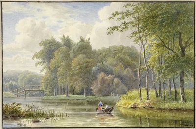 Landschap met figuren in een roeibootje door Georgius Jacobus Johannes van Os