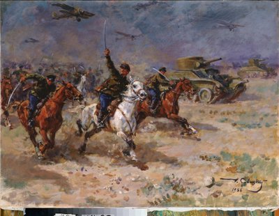 Aanval (Chars en cavalerie van het Rode Leger tijdens de Oktoberrevolutie) door Georgiy Konstantinovich Savitsky