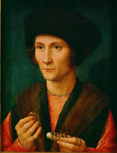 Een goudsmid, misschien Jacques Cnoop, schoonvader van Gerard David ... (olieverf op eikenhout) door Gerard David