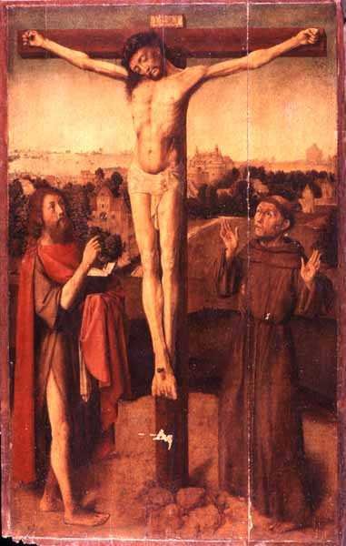 Christus aan het kruis tussen St. Johannes en St. Franciscus door Gerard David