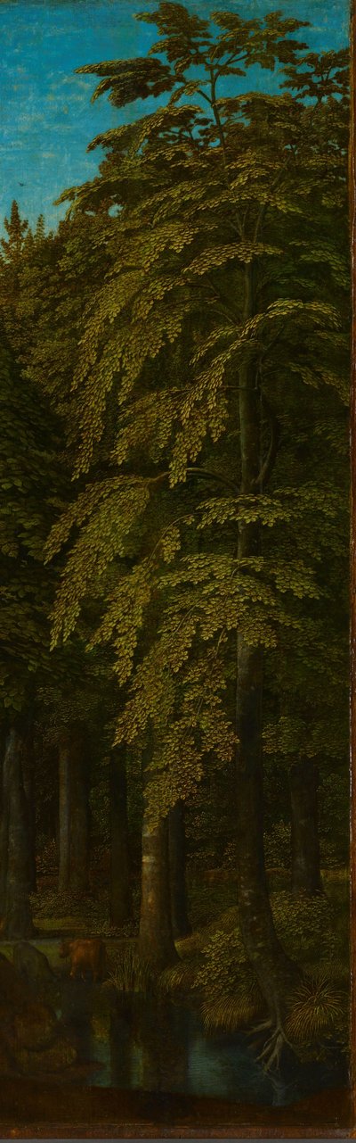 Uitzicht in een bos, buitenste rechtervleugel van een drieluik, ca. 1505-1515 door Gerard David