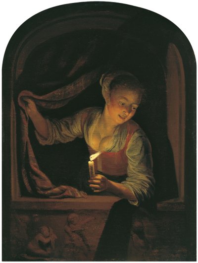 Vrouw met een brandende kaars bij een raam door Gerrit Dou