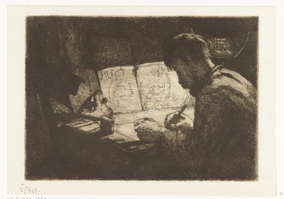 Zelfportret achter de tekentafel door Gerard Jan Bos (signed by artist)
