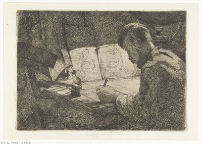 Zelfportret achter de tekentafel door Gerard Jan Bos
