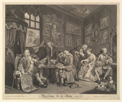 Marriage A-la-Mode, Plaat I, 1 april 1745 door Gerard Jean Baptiste Scotin