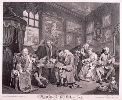 Huwelijk à la mode, 1745, plaat I door Gerard Jean Baptiste Scotin