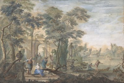 Arcadisch landschap met verschillende figuren en een standbeeld van Diana door Gerard Melder