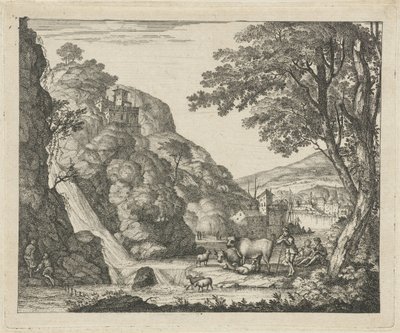 Herder met dieren bij een waterval door Gerard Melder