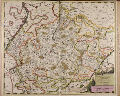 Chorographia ducatus Wurtenburgici quem ab una alteraque parte includunt quique ei includuntur marchionatus praepositura Badensis Elwangensis comitatus Hohenzolern Rechberg et affine almae civitatis Ulmae territorium. door Gerard Valck