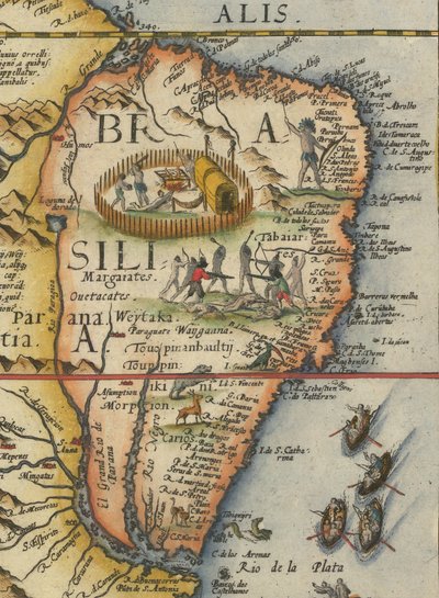 Kaart van Zuid-Amerika, 1593 (bijgesneden) door Gerard de Jode