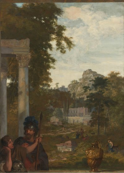 Italiaans landschap met twee Romeinse soldaten (serie titel) door Gerard de Lairesse