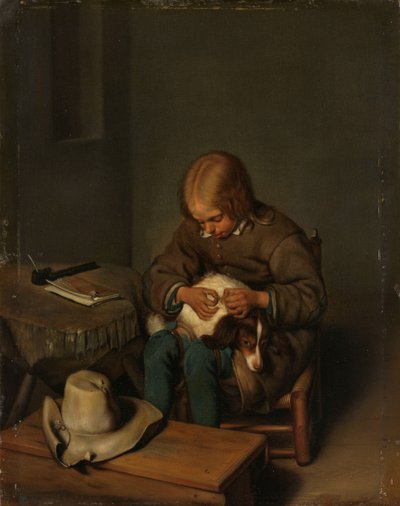 Jongen die een hond vlooit door Gerard ter Borch (II) (copy after)