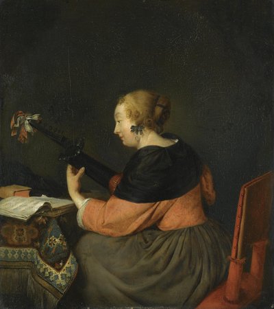 Een dame zittend op een luit door Gerard ter Borch