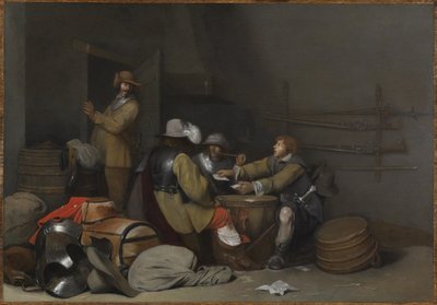 Bewakersruimte interieur met rokende en kaartspelende soldaten door Gerard ter Borch
