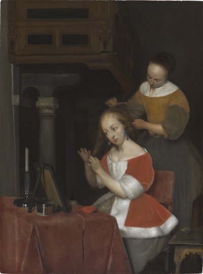 Vrouw op haar toilet door Gerard ter Borch