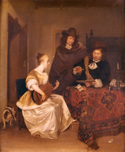 Een jonge vrouw speelt theorbo voor twee mannen, 1667-68 door Gerard ter Borch