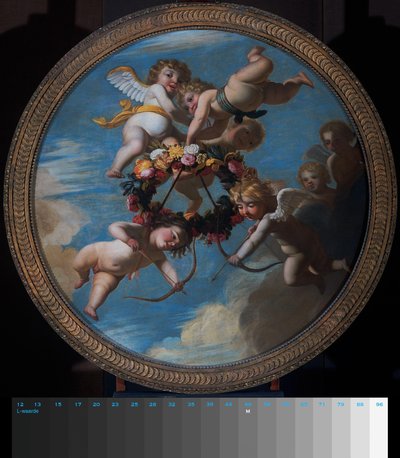 Putti met een bloemenkrans door Gerard van Honthorst (workshop of)