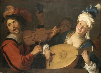 Frans:  Le Concert Paar dat muziek maakt achter een balustrade door Gerard van Honthorst