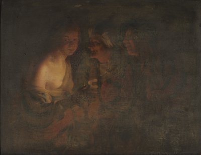 Jonge vrouw met een kandelaar, oude vrouw en een violist door Gerard van Honthorst