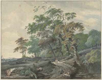 Landschap met een weg door een bos en een valkenjager door Gerard van Nijmegen