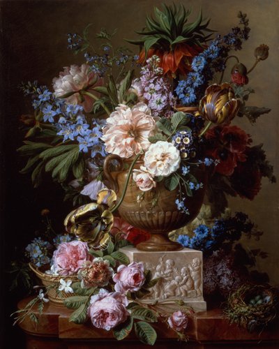 Stilleven met bloemen in een stenen vaas op een voetstuk door Gerard van Spaendonck