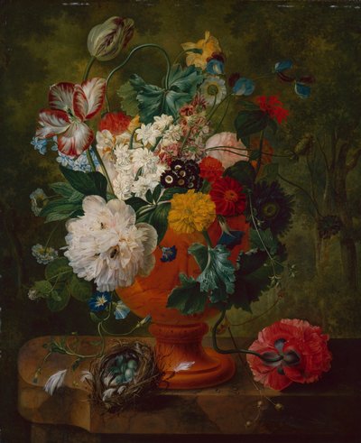 Zomerbloemen in een vaas met een vogelnest op een marmeren rand door Gerard van Spaendonck