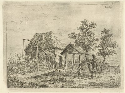 Cavalerist bij boerderij (De rijdende artillerist en de boer) door Gerardus Emaus de Micault