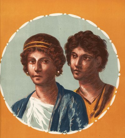 Portret van een man en vrouw uit een niet-geïdentificeerd huis in Pompeii. Chromolithografie door Victor Steeger naar een illustratie van Geremia Discanno uit Emile Presuhn (1844-1878) De Mooiste Schilderijen van Pompeii, Leipzig door Geremia Discanno