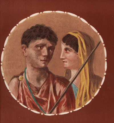 Portret van een man en vrouw uit een niet-geïdentificeerd huis in Pompeii. Chromolithografie door Victor Steeger naar een illustratie van Geremia Discanno uit Emile Presuhn (1844-1878) De Mooiste Schilderijen van Pompeii, Leipzig door Geremia Discanno