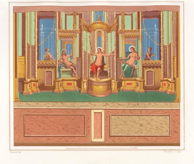 Muurschildering met Bacchus, Venus en Apollo uit een afgelegen zitgedeelte in een hoek van een tuin in de Domus M. Herenulli Communis of Huis van Apollo, Reg. VI, Ins. VII, No. 23 door Geremia Discanno