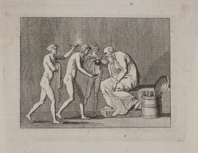 Allegorie met drie jongemannen en een oude man in antieke kleding door Gerhard Ludvig Lahde