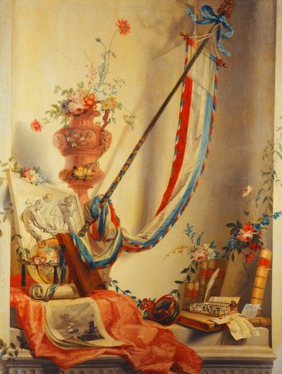 Een banier, bloemen in een urn, een reliëf, een wereldbol, een prent, een kompas, een schrijfgerei, brieven en Blaeu