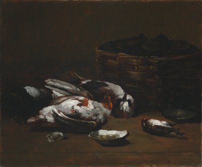 Stilleven met dode vogels en een mand oesters, ca. 1860 - 1880 door Germain Ribot